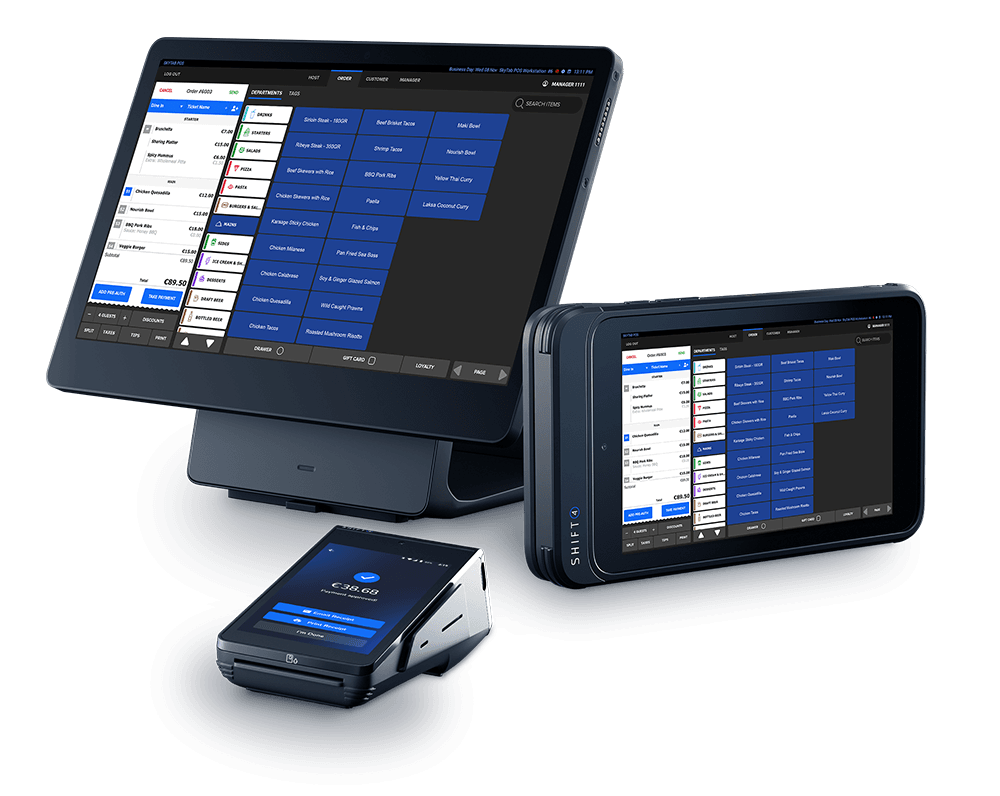 A SkyTab workstation SkyTab Glass mobile device and a SkyTab mobile POS device grouped together - POS hardware - SkyTab