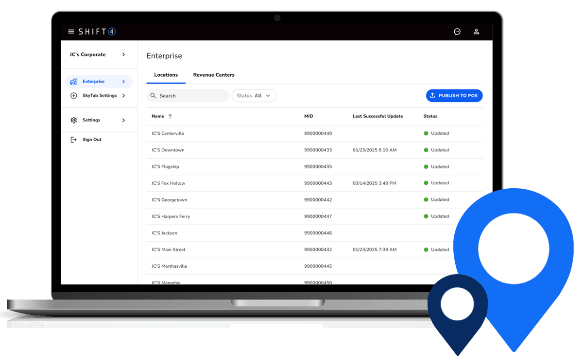 Laptop showing multi-location management software - SkyTab