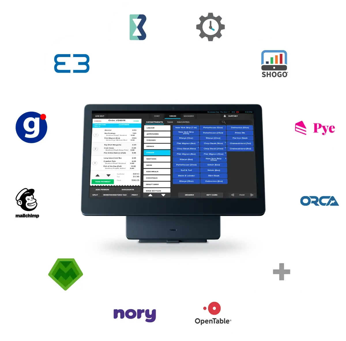 SkyTab POS system surrounded by logos of third-party POS integrations - bar POS system - SkyTab