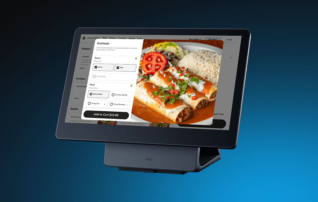 SkyTab Kiosk on a blue background showing a self-ordering screen - POS hardware - SkyTab