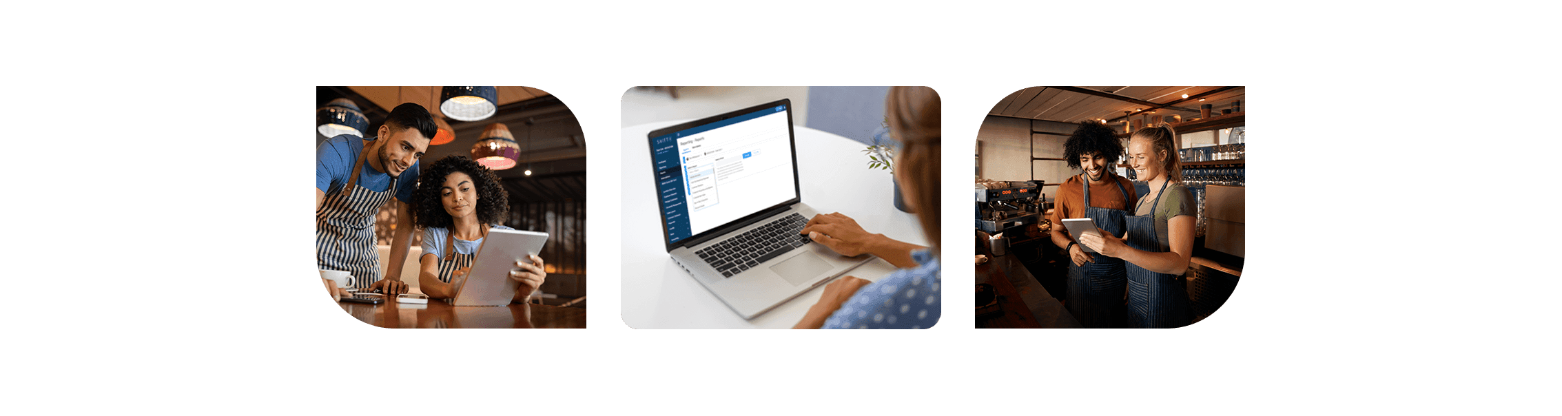 Three images showing two restaurant employees looking at a tablet and a person looking at Lighthouse on a laptop