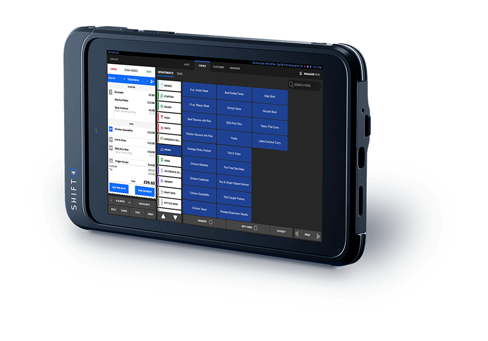 SkyTab Glass tablet POS device showing the order interface - mobile ordering and payments - SkyTab