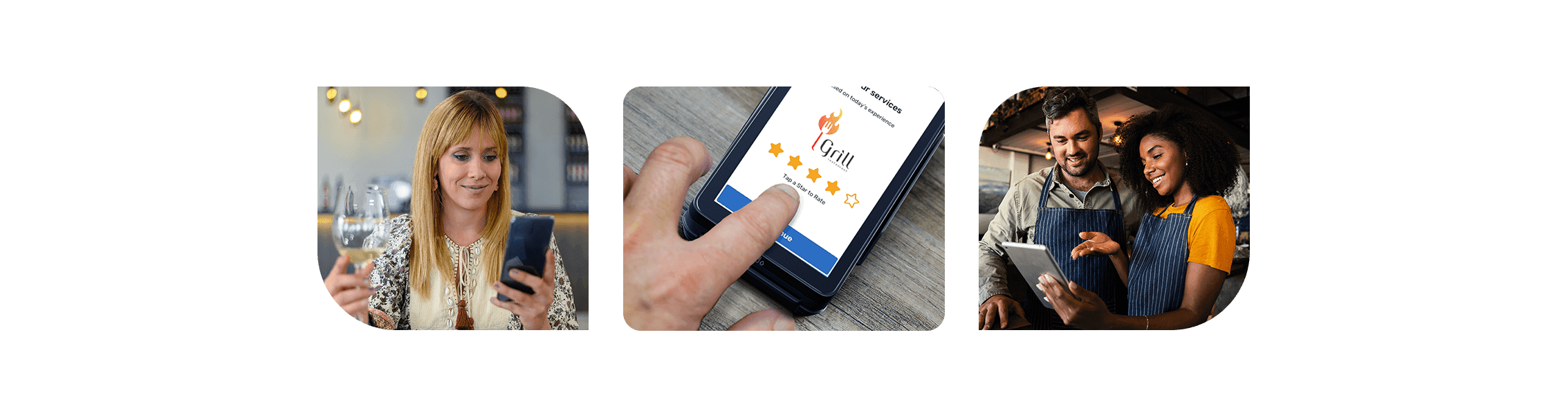 Three images showing a woman using her smartphone, a person leaving a review on a SkyTab Mobile POS device, and two restaurant employees looking at a tablet - loyalty and marketing - SkyTab