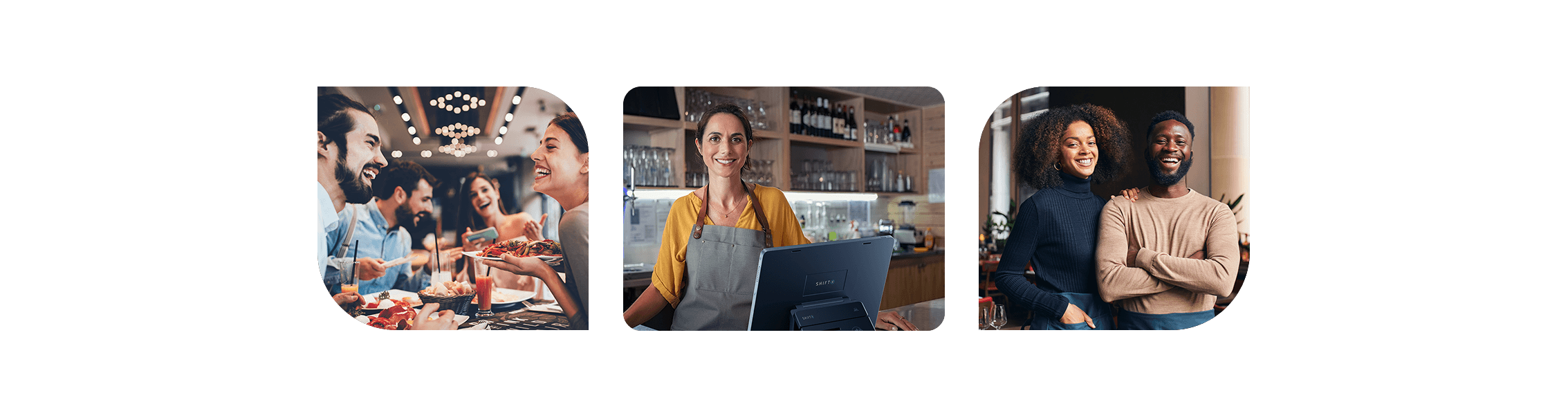 Three images showing a group of restaurant customers, a smiling employee behind a SkyTab POS system, and two smiling people - restaurant POS system - SkyTab