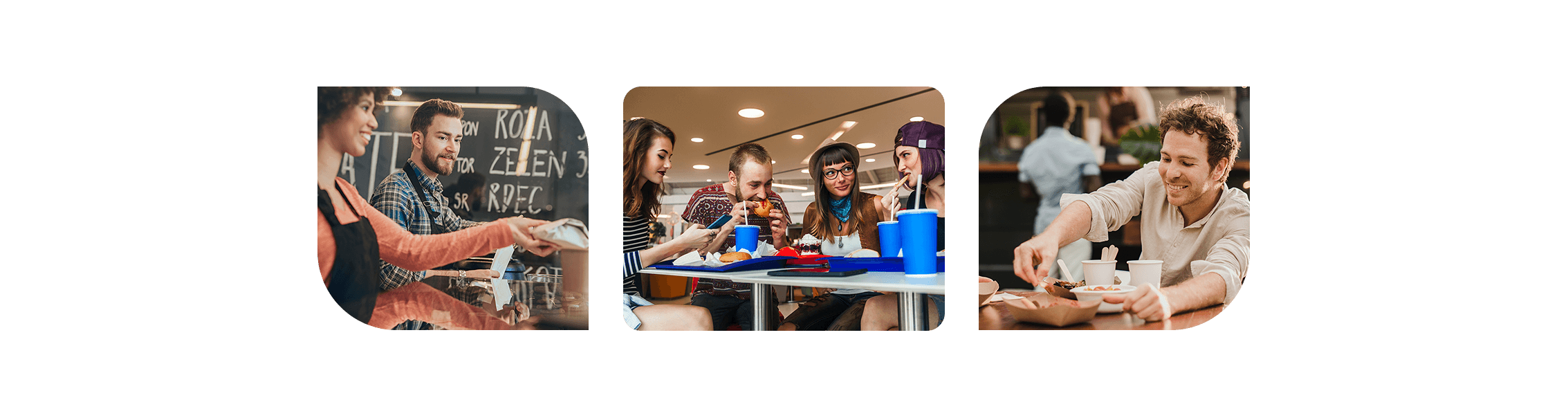 Three small horizontal images showing a variety of scenes in a quick service restaurant - quick service restaurant POS system - SkyTab 