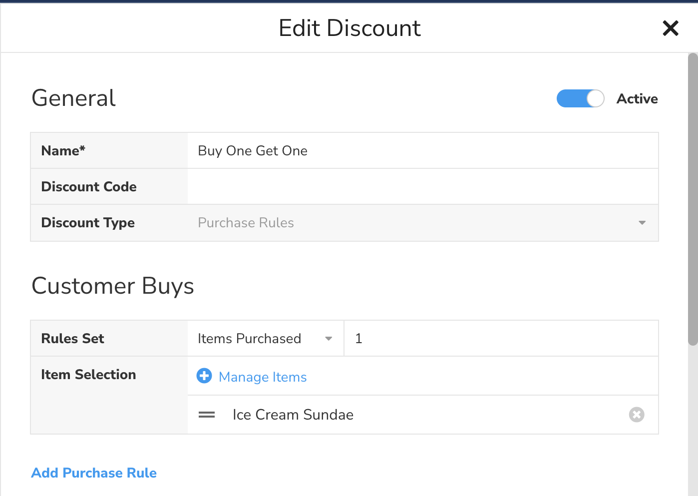 Screenshot of the discount type purchase rules - SkyTab Fall Release 2025 - SkyTab