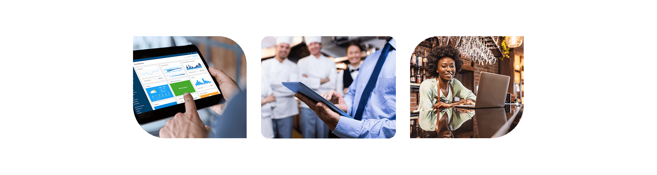 Three small images showing Lighthouse back office interface on a tablet and a restaurant manager holding a tablet in the foreground with employees looking on in the background and a bar manager behind the bar with a laptop - enterprise POS system - SkyTab