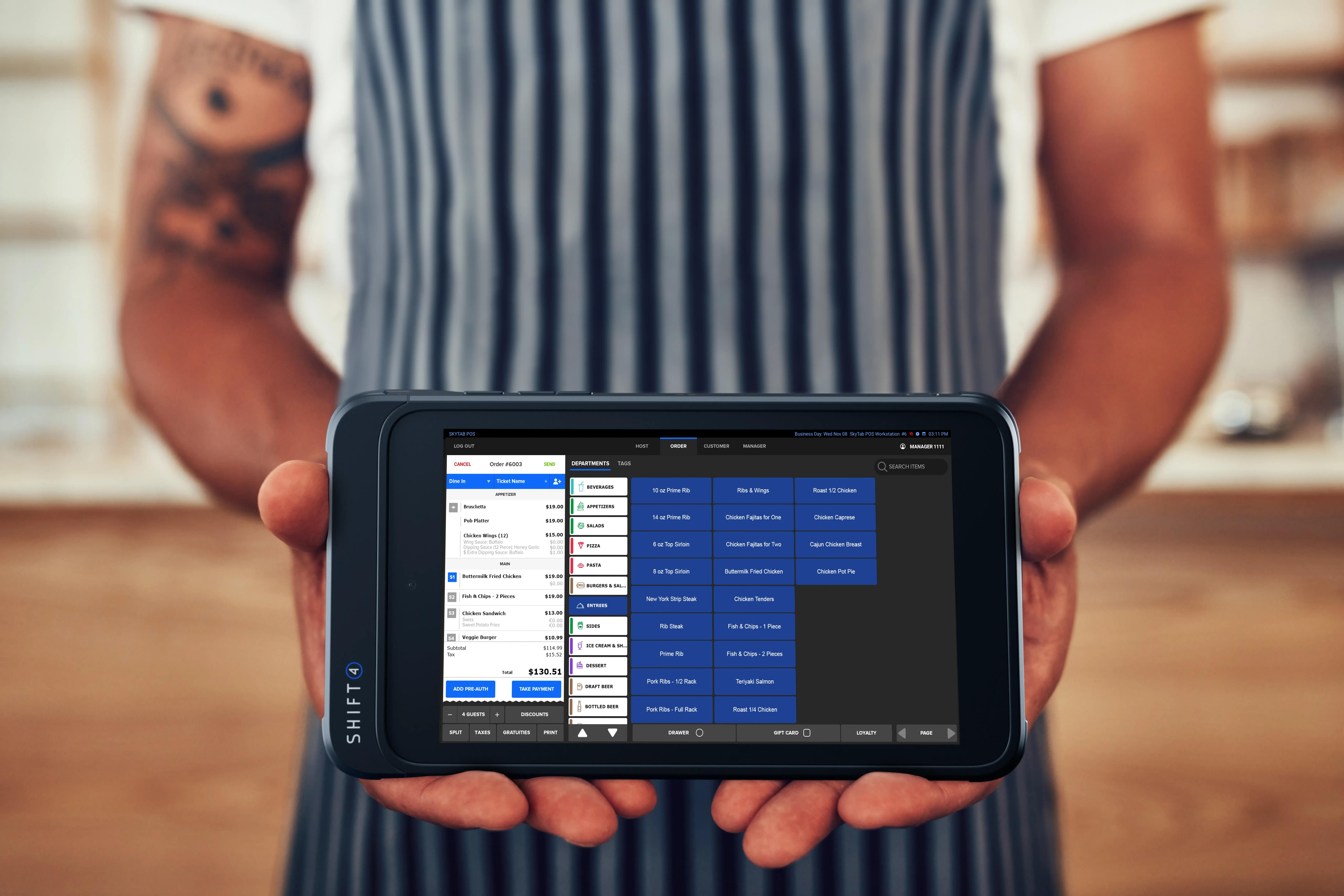 Restaurant employee holding a SkyTab Glass tablet POS system - POS hardware - SkyTab