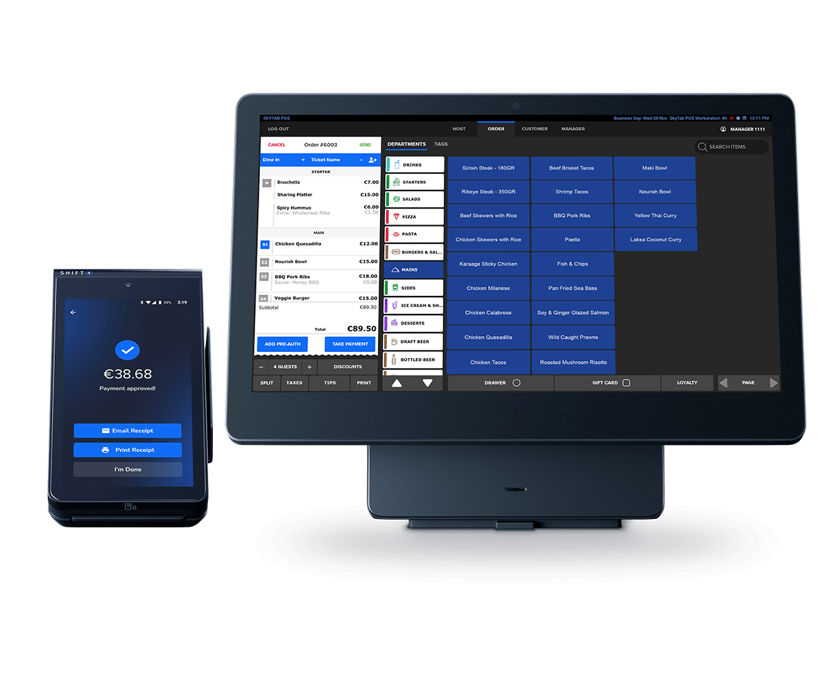 SkyTab Mobile showing the payment approved screen and SkyTab POS system showing the order interface - restaurant POS system - SkyTab