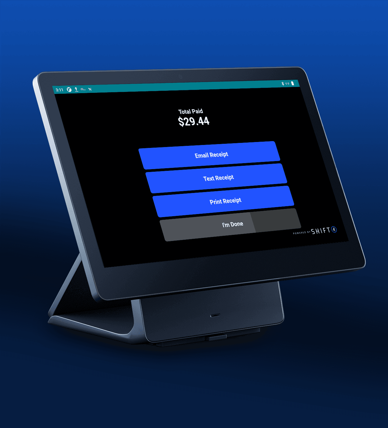 SkyTab POS workstation on a blue background showing receipt options - venue POS system - SkyTab