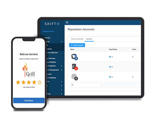 Smartphone showing a restaurant rating and a tablet showing Lighthouse - POS features - SkyTab