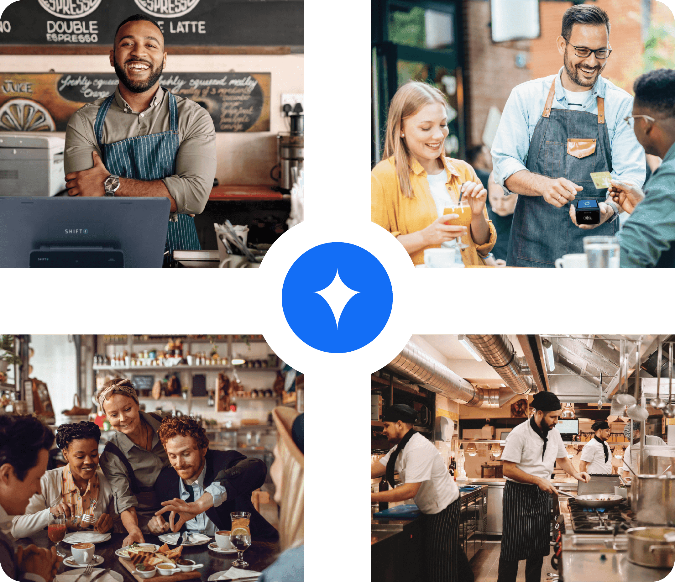 Four images surrounding the SkyTab icon logo showing a smiling restaurant employees and customers - restaurant POS system - SkyTab