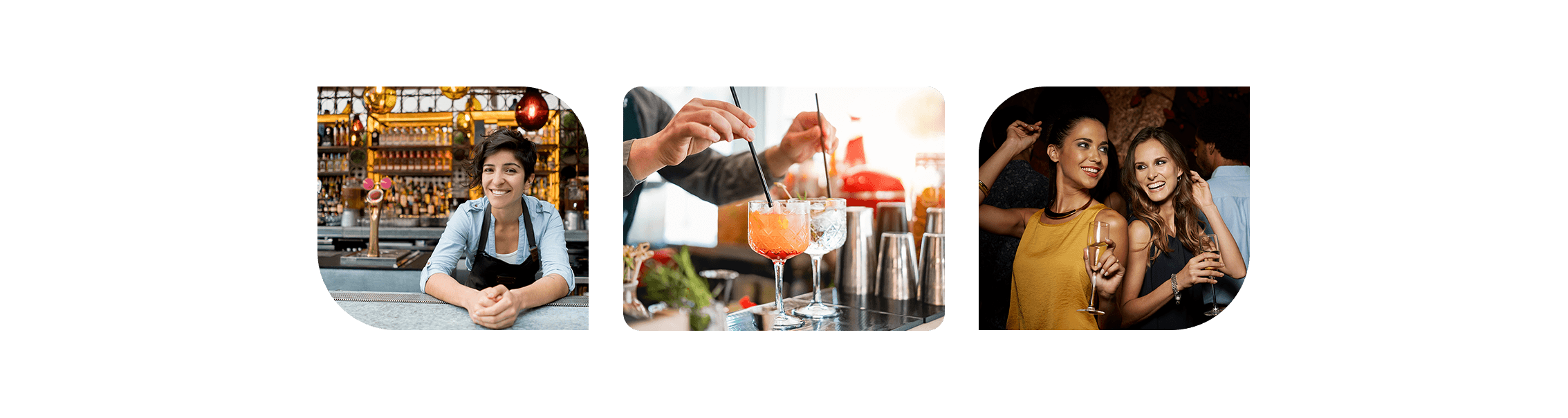 Three images showing a smiling bartender, a bartender making drinks, and two girls dancing - bar POS system - SkyTab