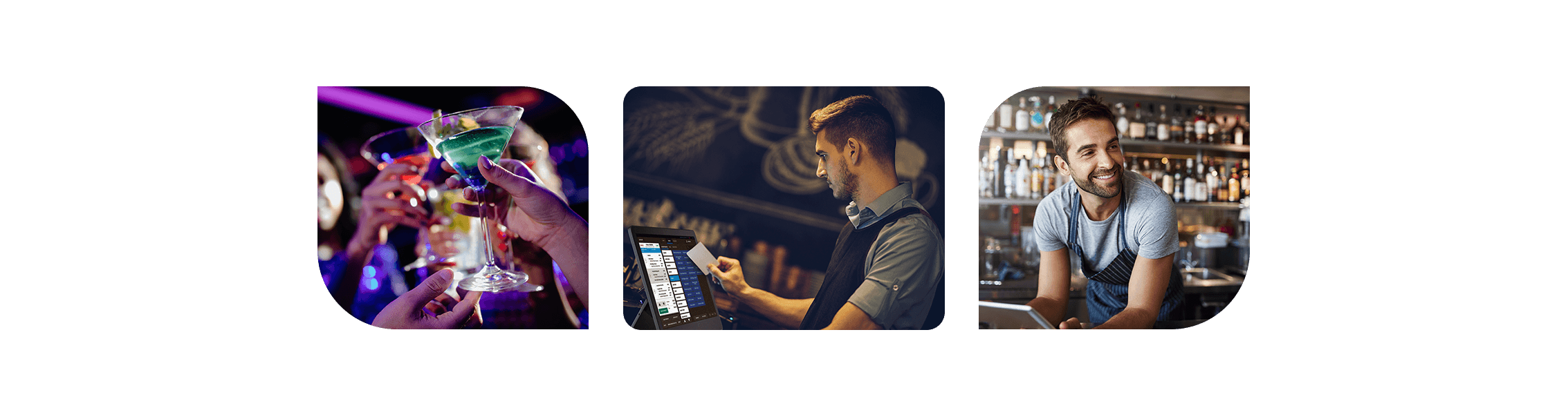 Three small horizontal images showing close up of martini glasses cheers and a bartender putting an order into a SkyTab POS system and a bartender leaning over the bar smiling at customers - nightclub and bar POS system - SkyTab