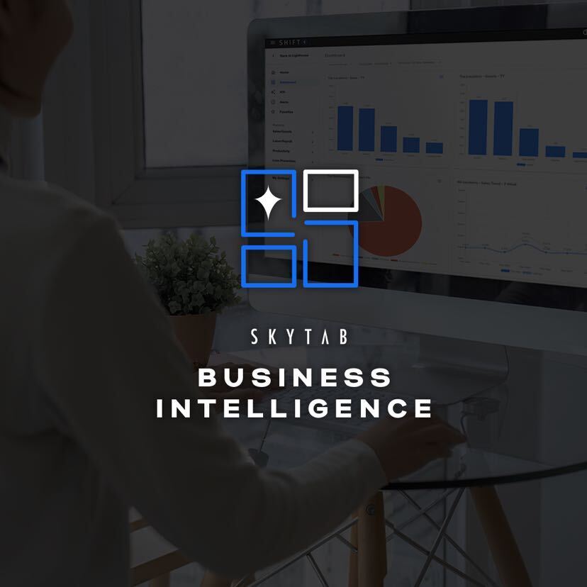 SkyTab Business Intelligence logo overlayed on an image of a woman looking at reports on a computer - restaurant reporting and analytics - SkyTab