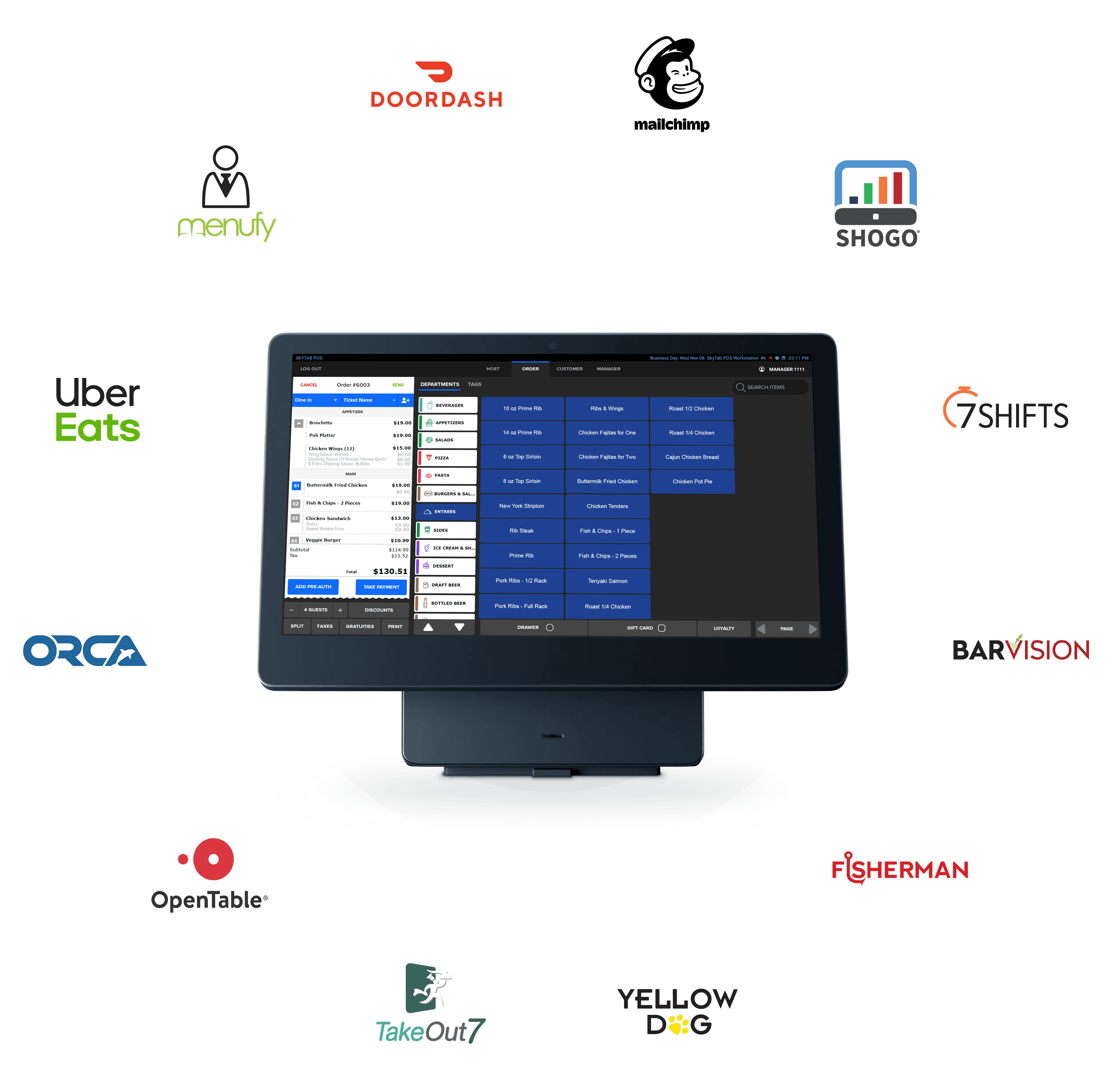 SkyTab POS system surrounded by logos of third-party POS integrations - SkyTab