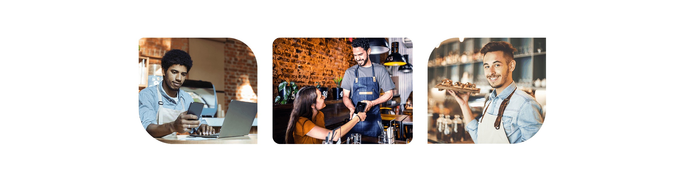 Three small images showing restaurant owner looking at phone next to a laptop and a server presenting a mobile POS device to a customer and a waiter holding a tray of food smiling - table-service POS system - SkyTab