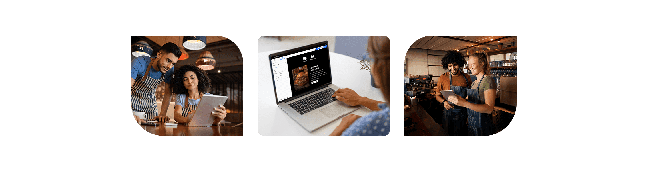 Three images showing restaurant employees looking at a tablet and using a laptop - build a restaurant website - SkyTab