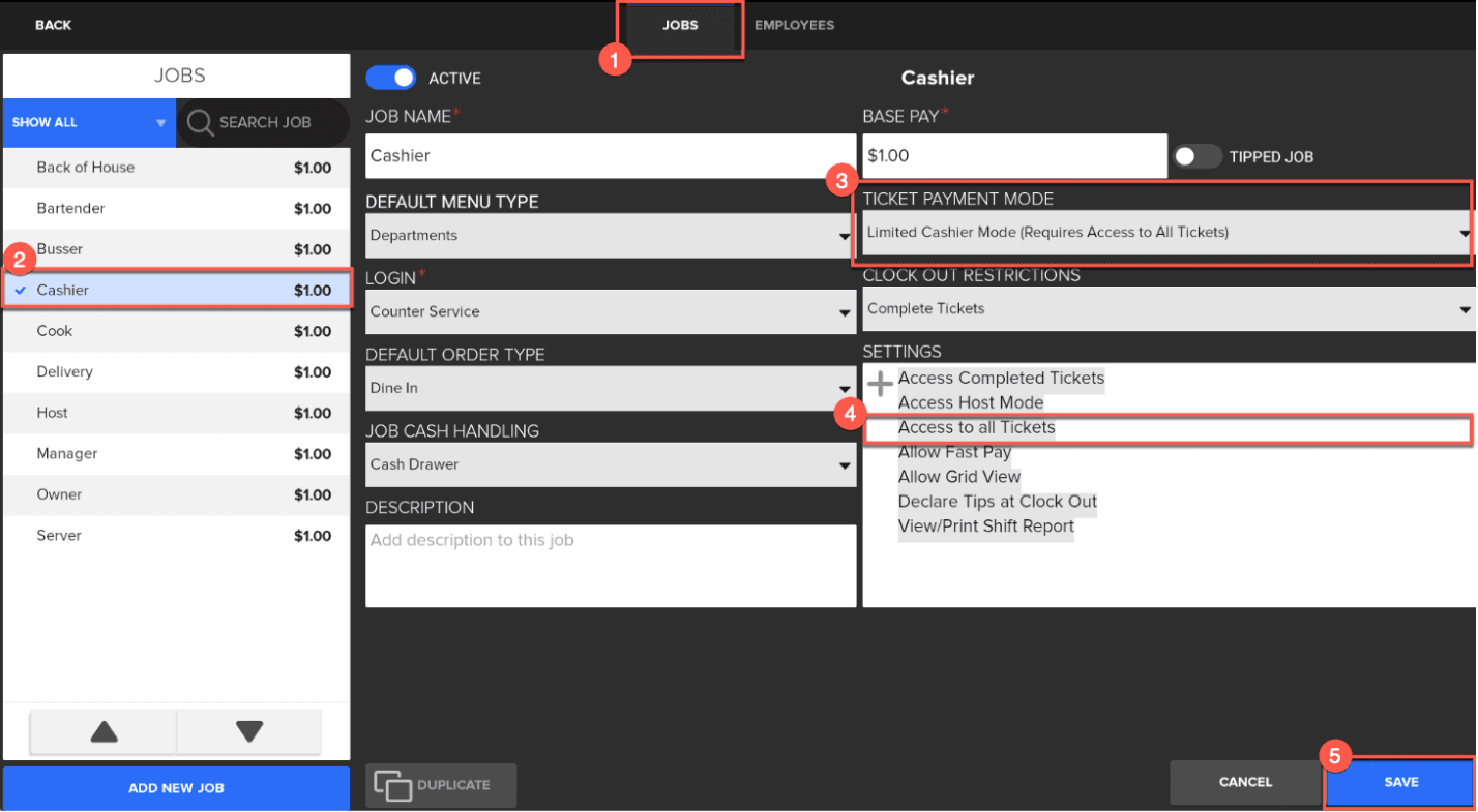 Screenshot of Ticket Handling Modes on a SkyTab POS system