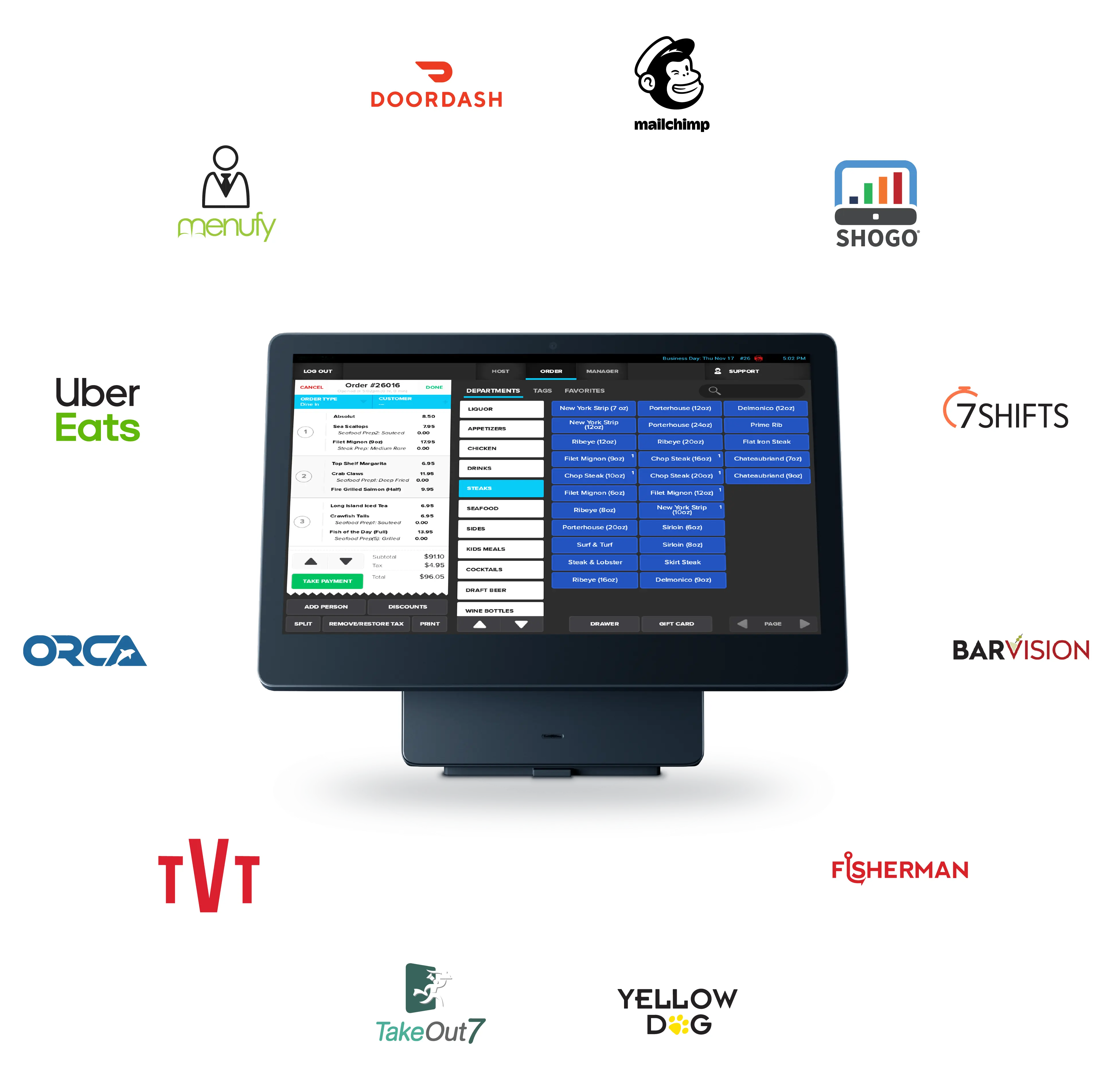 SkyTab POS system surrounded by POS integration logos for  third-party POS integrations - enterprise POS system - SkyTab
