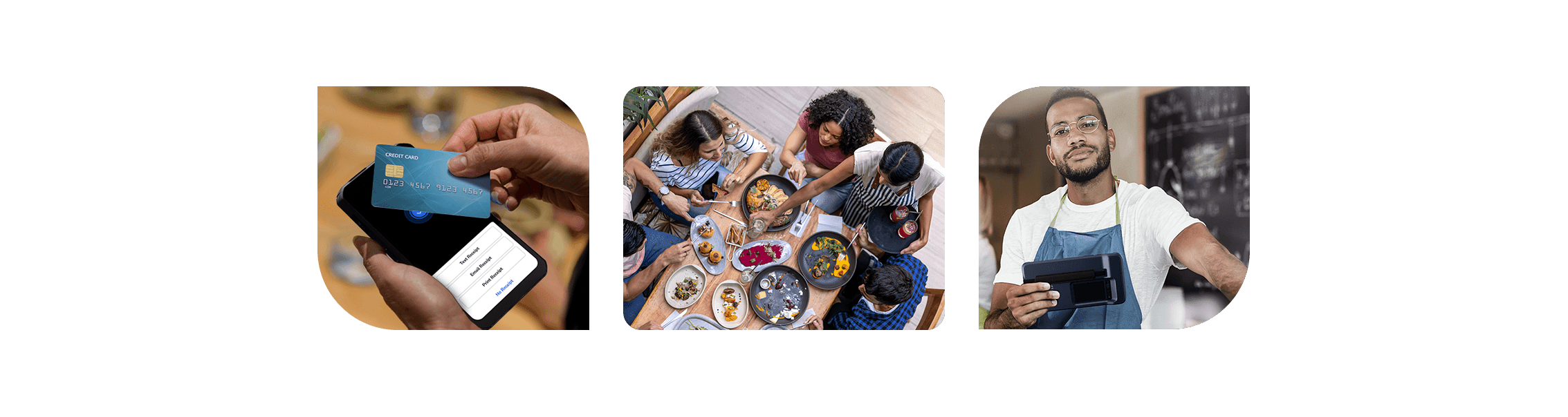 Three small images in a row showing a customer paying on a SkyTab mobile device and a group of friends sitting at a table and a restaurant worker holding mobile POS device - full service restaurant POS system - SkyTab