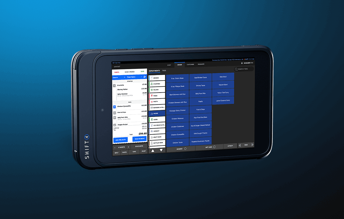 A SkyTab Glass mobile POS device on a blue background - POS hardware - SkyTab