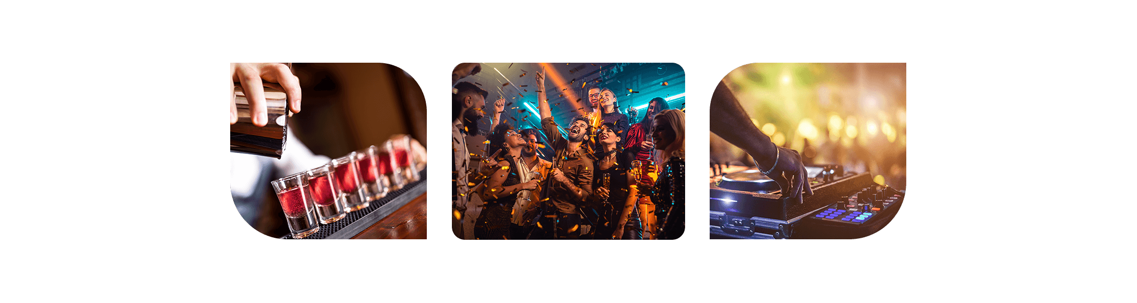 Three small horizontal images showing close up of shots being poured and a patrons dancing and a DJ playing music for a packed club - nightclub and bar POS system - SkyTab