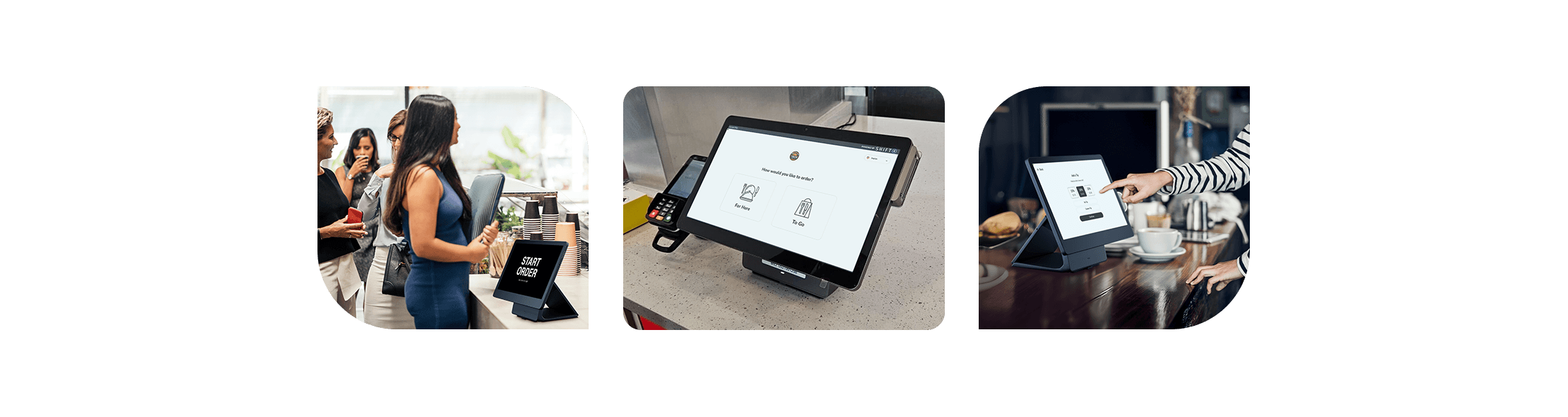 Three images showing customers ordering on the SkyTab Kiosk POS system - SkyTab