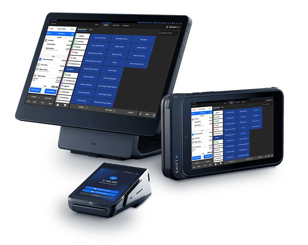 A SkyTab workstation SkyTab Glass mobile device and a SkyTab mobile POS device grouped together - POS hardware - SkyTab
