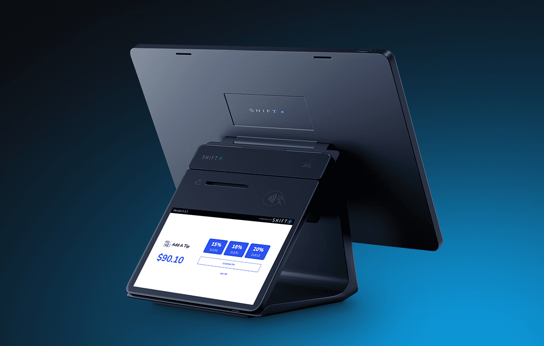 SkyTab Customer-Facing Display on a blue background showing a tip prompt screen - POS hardware - SkyTab