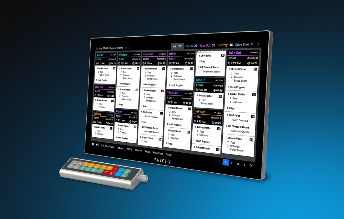 Kitchen Display System and Bump Bar on a blue background - POS hardware - Shift4 Dine