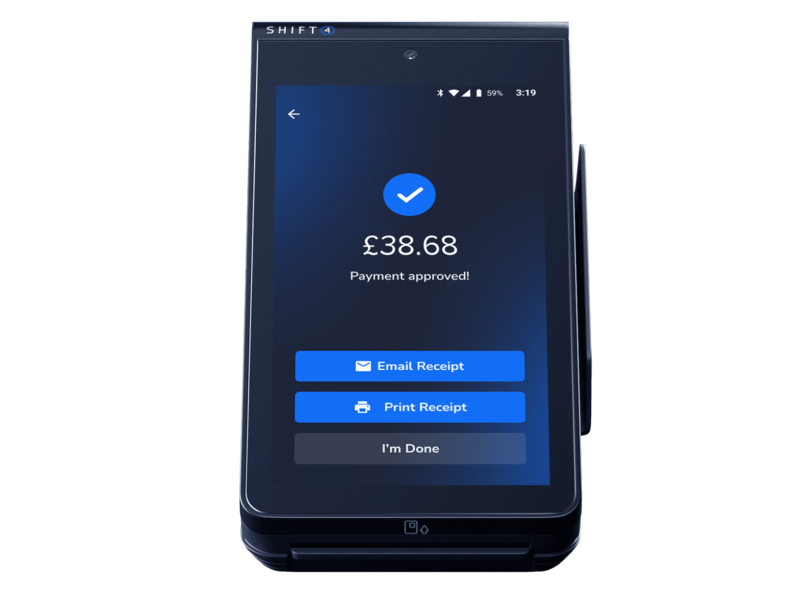 Handheld POS device showing a payment successful screen - POS features - Shift4 Dine