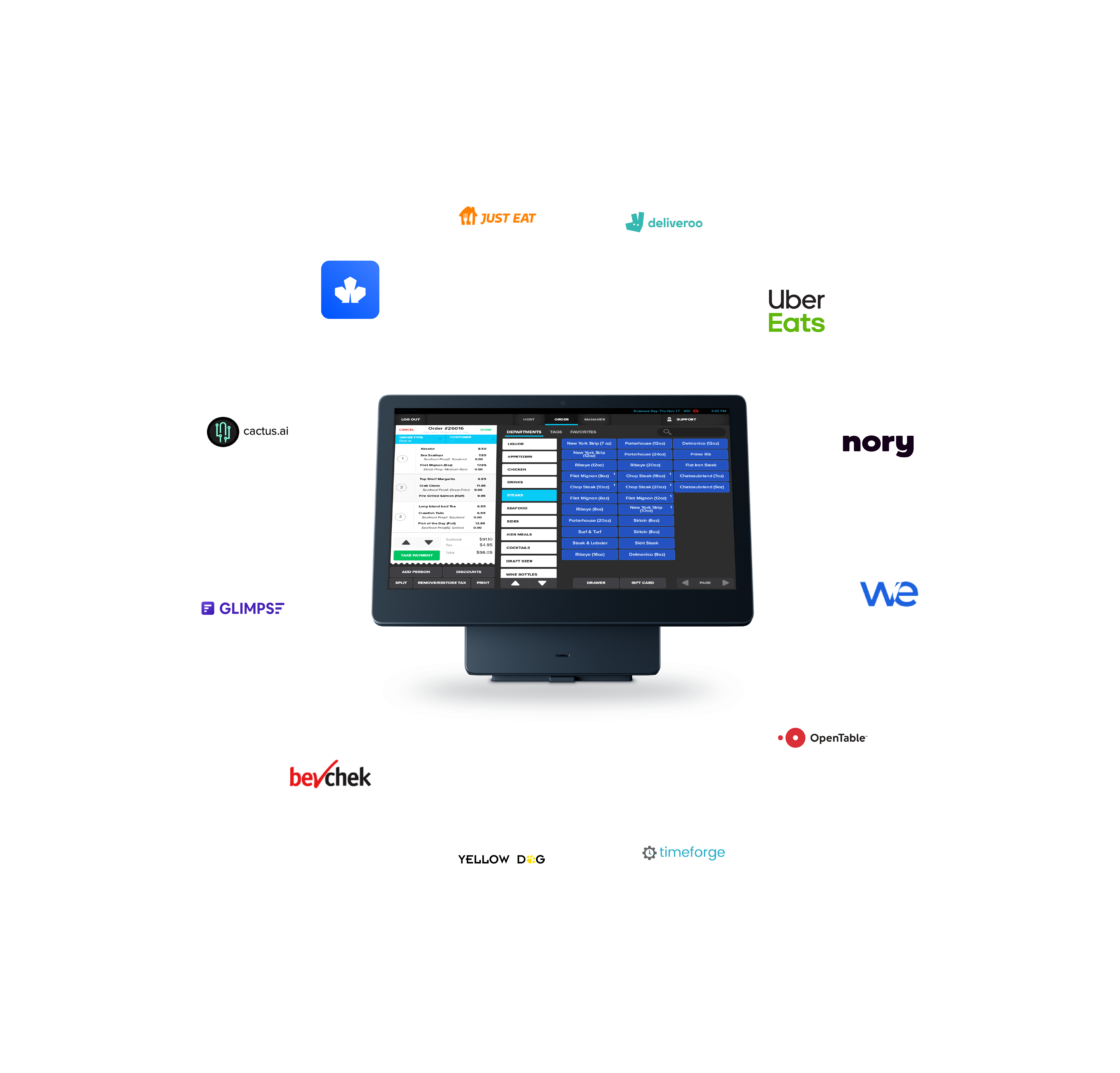Shift4 Dine POS system surrounded by logos of third-party POS integrations - POS features - Shift4 Dine