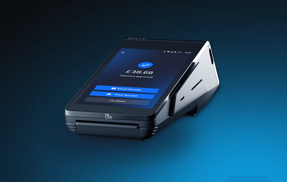 Handheld POS devices on a blue background showing the payment successful screen and the back of the device - POS hardware - Shift4 Dine
