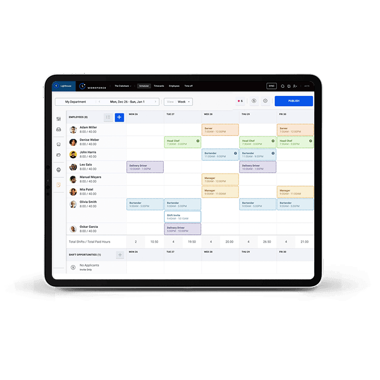 Tablet showing employee schedules - restaurant labor management - Shift4 Dine
