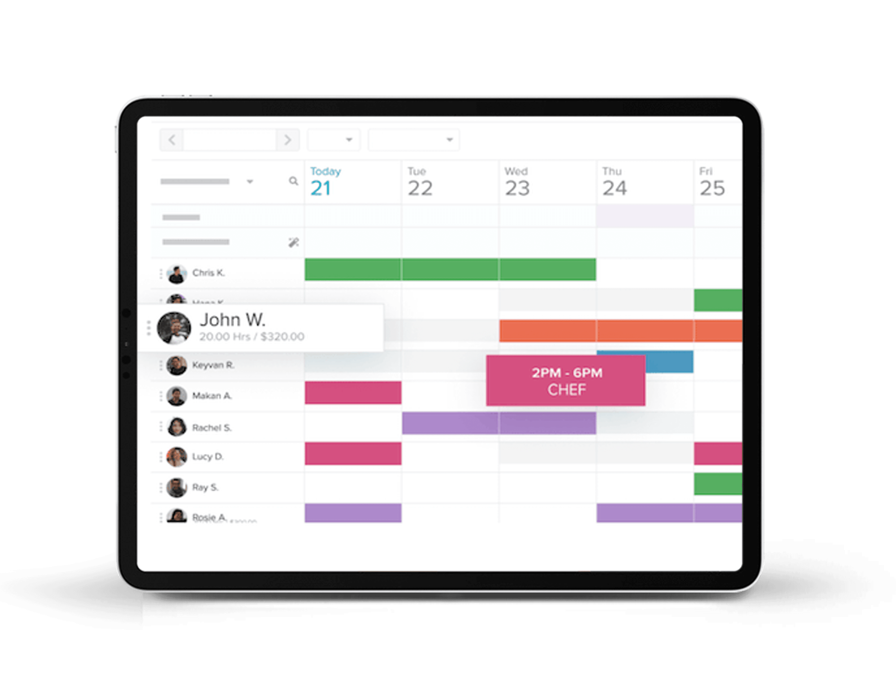 Tablet showing employee schedules - restaurant reporting and analytics - Shift4 Dine