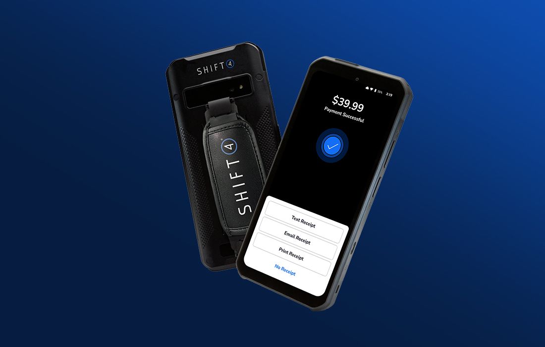 Two Handheld POS devices on a blue background showing the payment successful screen and the back of the device - POS hardware - Shift4 Dine