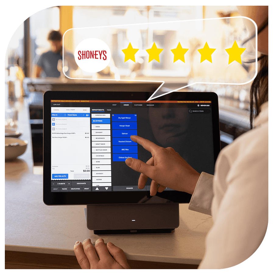 Restaurant employee using a Shift4 Dine POS system with a pop-out showing the Shoney's logo and five stars - Shift4 POS reviews - Shift4 Dine