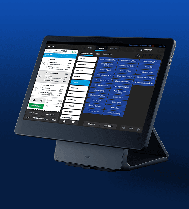 SkyTab POS system on a blue background - restaurant POS system - SkyTab