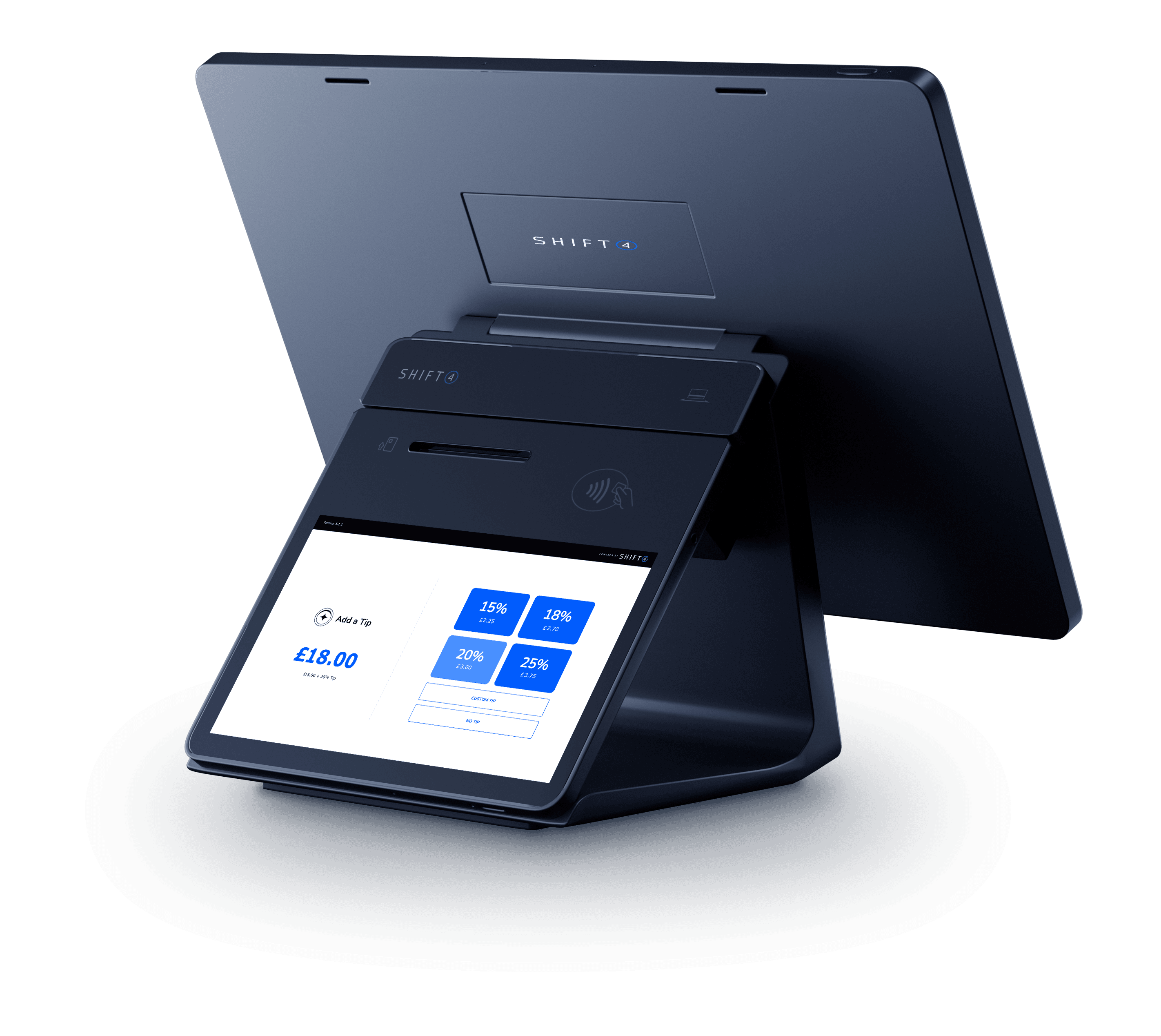Back of Workstation showing a customer display screen with tip prompts - coffee shop POS system - Shift4 Dine