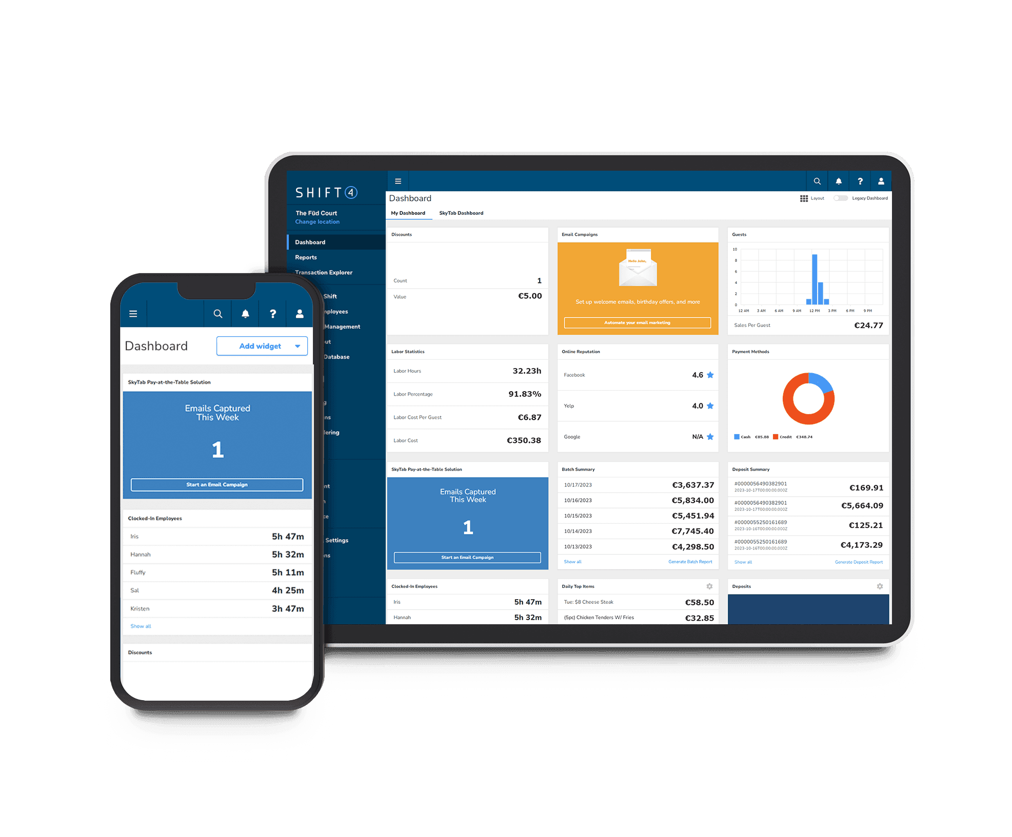 Smartphone and tablet showing the Shift4 Dine Customer Hub dashboard - restaurant reporting and analytics - Shift4 Dine