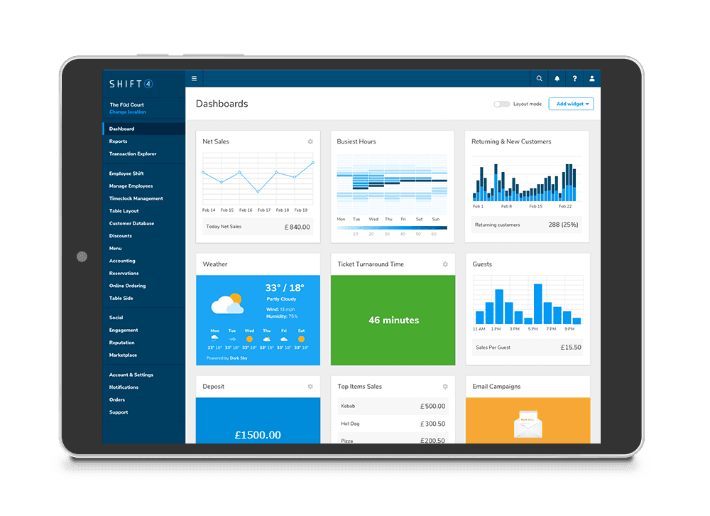 Tablet showing reports on the Shift4 Dine Customer Hub dashboard - POS features - Shift4 Dine