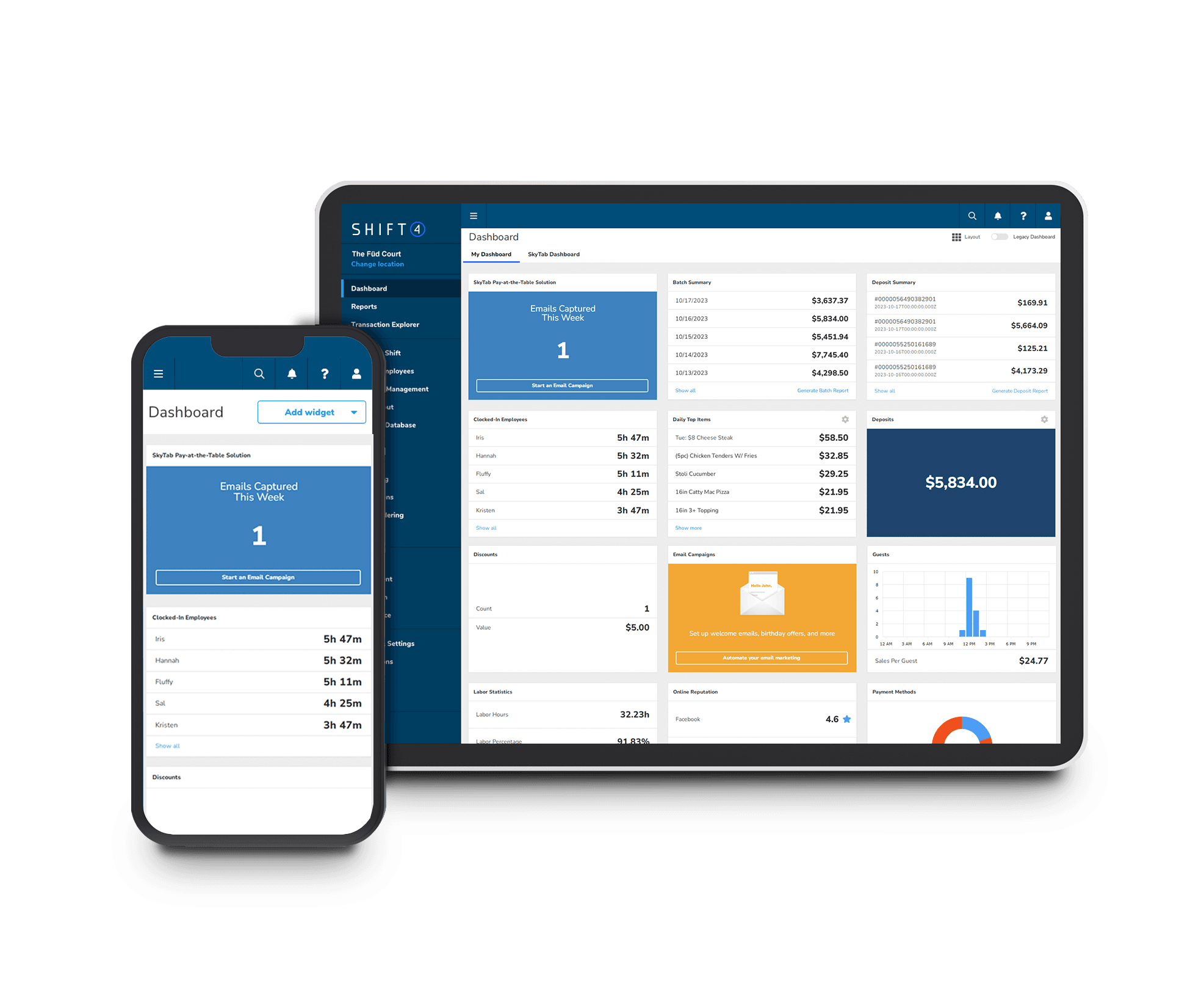 Smartphone and tablet showing the Shift4 Dine Customer Hub dashboard - restaurant reporting and analytics - Shift4 Dine