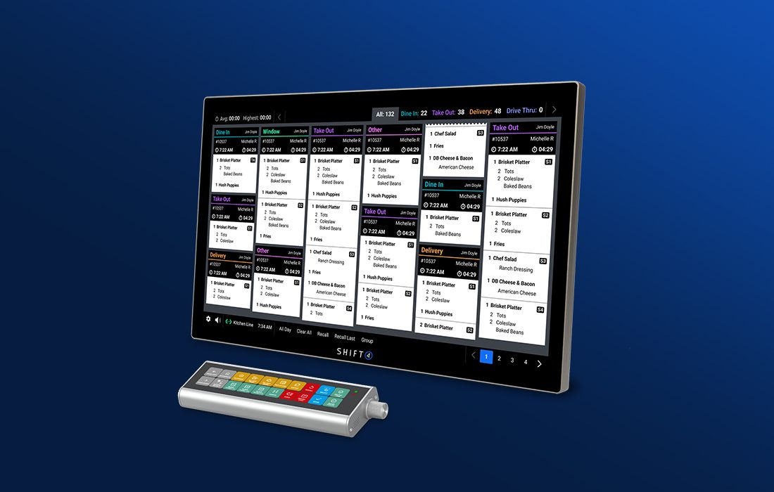 Kitchen Display System and Bump Bar on a blue background - POS hardware - Shift4 Dine