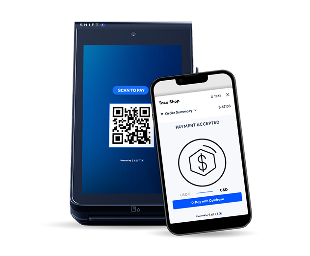 Smartphone scanning a QR code on a Shift4 Dine mobile device to pay with crypto - crypto POS system - Shift4 Dine