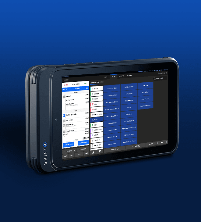 A SkyTab Glass mobile POS device on a blue background - restaurant POS system - SkyTab