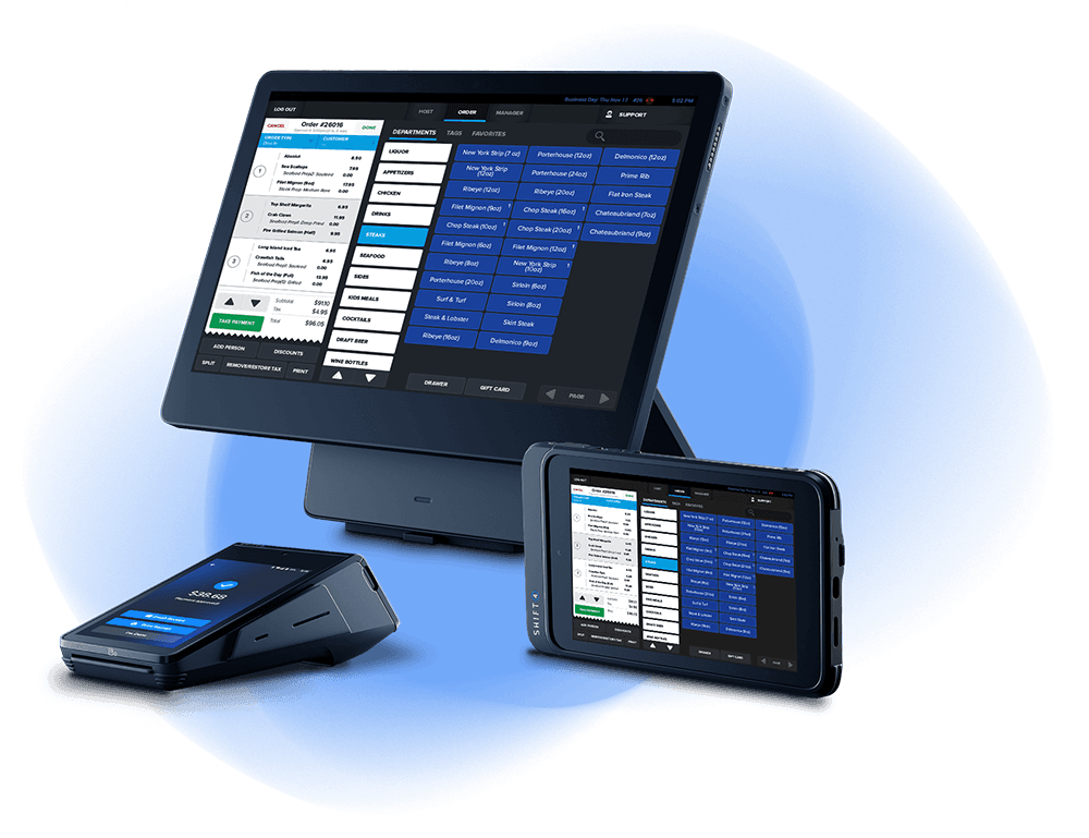 SkyTab Mobile, SkyTab Glass, and SkyTab POS system on a blue circle - restaurant POS system - SkyTab