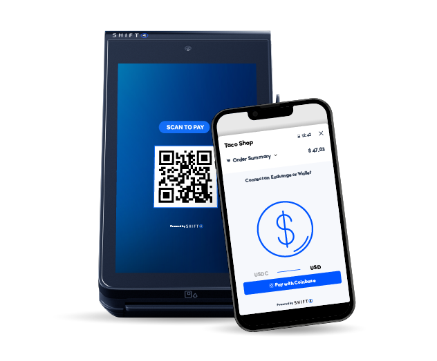 Person using Pay with Crypto on their smartphone - POS features - Shift4 Dine