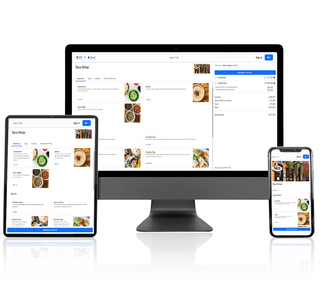Tablet, smartphone, and computer monitor showing the Shift4 Dine Online ordering platform - restaurant online ordering system - Shift4 Dine