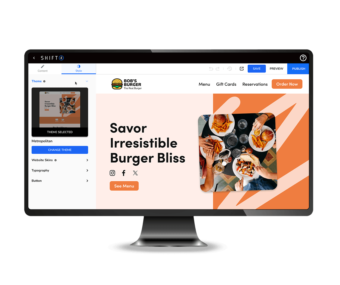 Website Builder on a computer monitor - build a restaurant website - Shift4 Dine